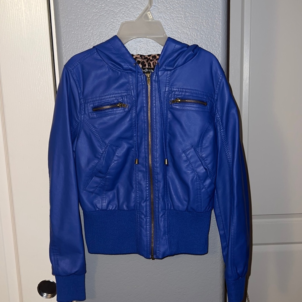 Size M Blue Hooded Faux Leather Jacket